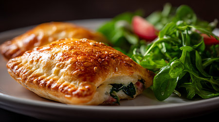 Baked puff pastry with spinach and arugula on a plateの素材