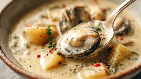 Bowl of tasty soup with mussels on table, closeupの素材