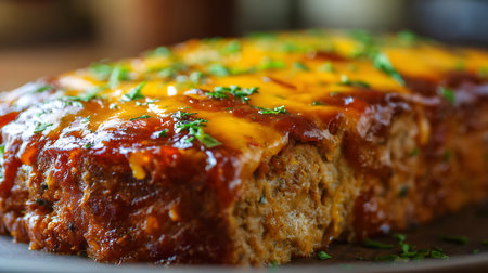 Meatloaf with tomato sauce and parsley on a plate.の素材