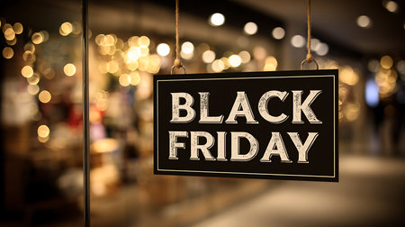 Black Friday Sale Sign in front of a store with bokeh backgroundの素材