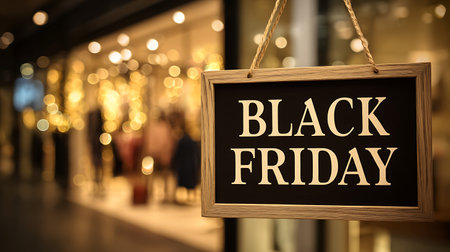 Black Friday sign hanging on a shop window with blurred people in the backgroundの素材