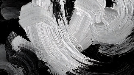 Abstract black and white acrylic paint brush strokes on black background. Artistic background for your design.の素材