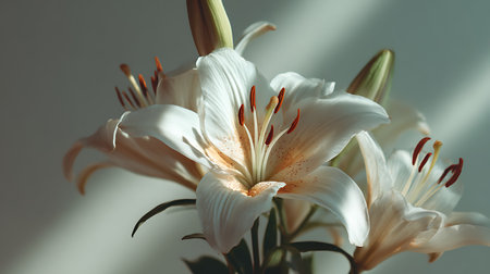 Beautiful white lily on a light background. Close-up.の素材