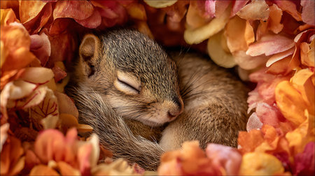 Cute baby squirrel sleeping in a flower petal box with copy spaceの素材