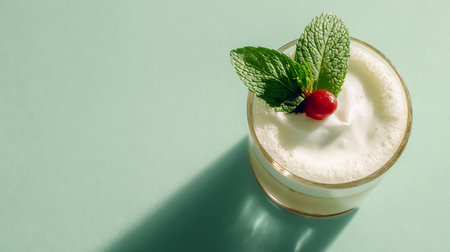 Cocktail with whipped cream and cherries on a green backgroundの素材