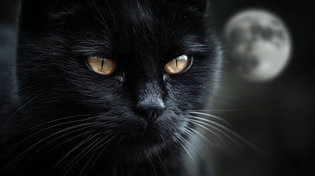 Portrait of a black cat in front of a full moon.の素材