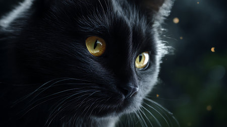 Portrait of a black cat with yellow eyes on a dark backgroundの素材