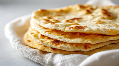Stack of freshly baked naan bread on a white napkin.の素材