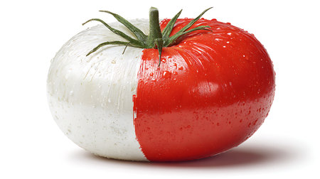Ripe tomato with water drops on a white background. Isolatedの素材