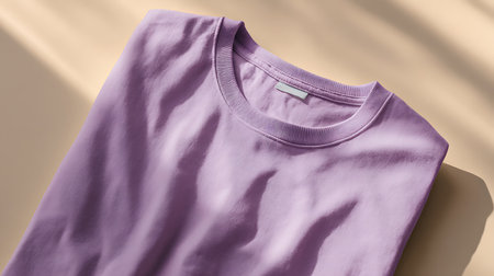 Purple t-shirt on beige background, top view.の素材