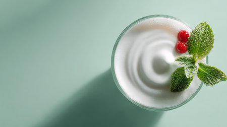 Glass of yogurt with berries and mint on light green background, top viewの素材