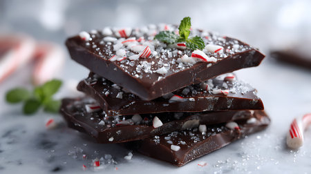 Chocolate bars with peppermint and salt on table, closeupの素材