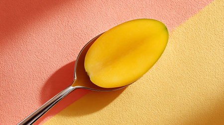 Mango fruit on a spoon on a background of yellow and pinkの素材