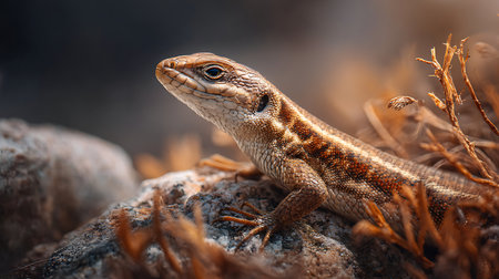 Close up of a lizard sitting on a rock in the desert.の素材