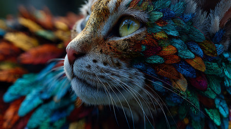 Portrait of a cat with colorful feathers. Close-up.の素材
