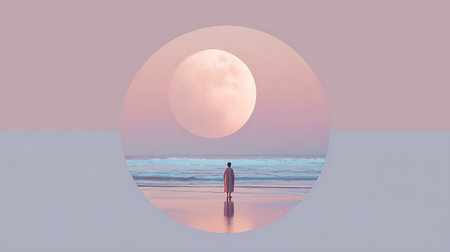 3d render of a man standing on the beach and looking at the moonの素材