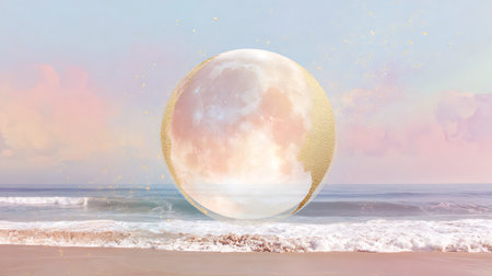 3d render of a planet on the beach at sunset time.の素材