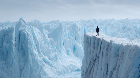 Man standing on the edge of a cliff and looking at a glacierの素材
