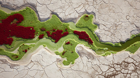 Aerial view of cracked earth with red and green algae. Global warming conceptの素材