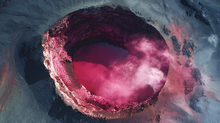 Aerial view of volcano crater with red hole. 3D renderingの素材