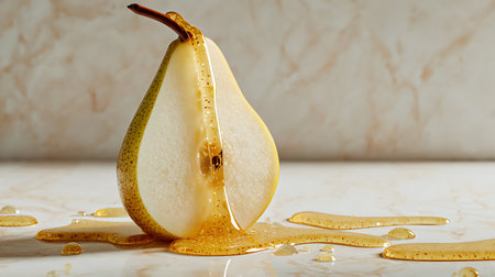 Fresh pear slice with honey on white marble background. Copy space.の素材
