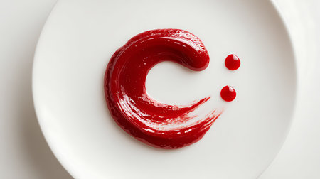 Tomato ketchup on a white plate, close-up.の素材