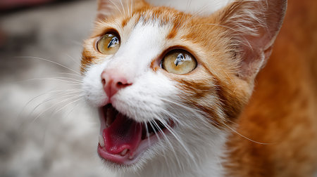 Close-up portrait of a red and white cat yawning.の素材