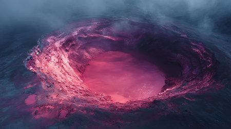 3d illustration of magma flowing over lake with lava flow.の素材