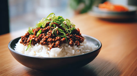 Rice topped with stir-fried minced beef and garnished with fresh green onionsの素材