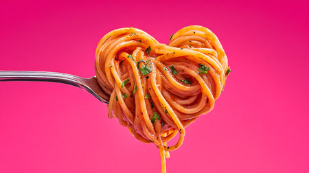 Spaghetti with tomato sauce and parsley on a fork on a pink backgroundの素材