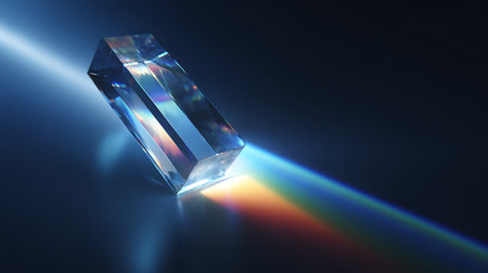 3d illustration of a blue diamond with a rainbow in the backgroundの素材