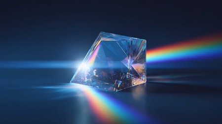 Magic crystal with rainbow on blue background. 3d render illustration.の素材