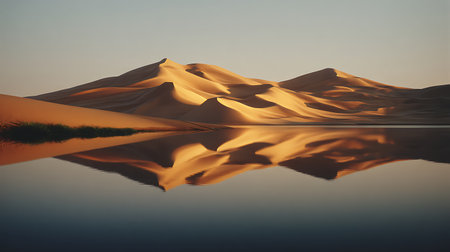 Sand dunes reflected in the water at sunset, Namib desert, Namibiaの素材