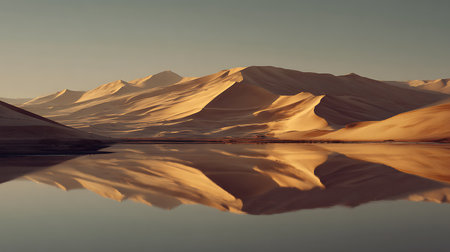 Sand dunes reflected in a lake in Death Valley National Park, Californiaの素材