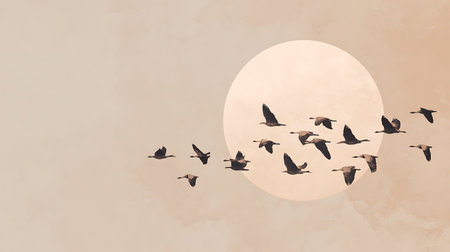 Flock of geese flying in front of the full moon.の素材