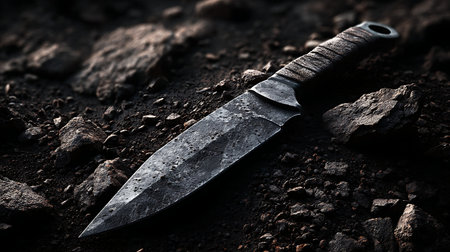 Knife on the ground. Dark background. Selective focus.の素材