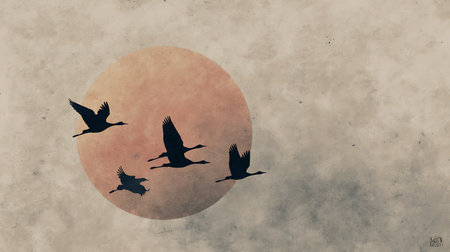 Flock of geese flying in the sunset. Vintage style illustration.の素材