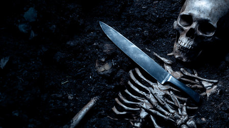 Skull and knife on the ground. Halloween concept. Toned.の素材