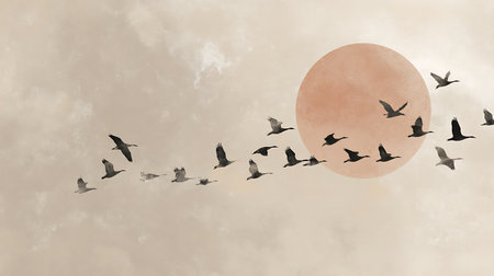 A flock of flying cranes on the background of the setting sunの素材