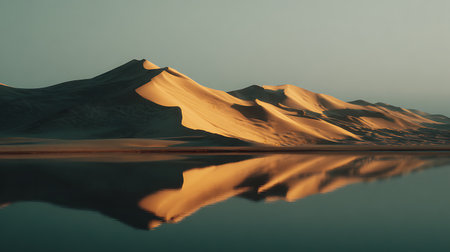 Sand dunes reflected in a lake at sunset, Death Valley National Park, California, USAの素材