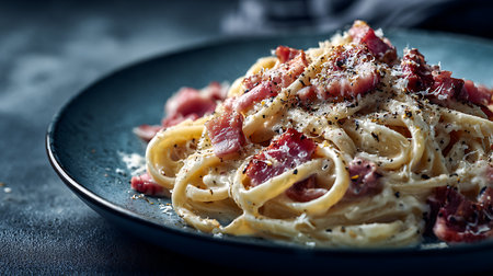 Spaghetti carbonara with bacon and parmesan on a plateの素材