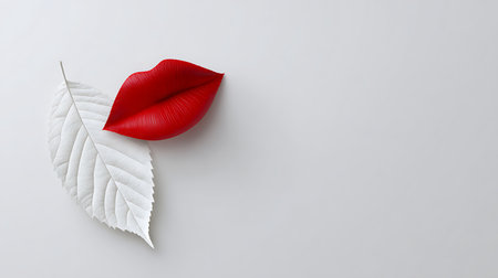 Red lips and white leaf on white background. 3D illustration.の素材