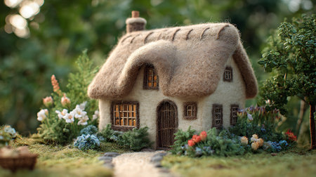 Miniature house in the garden with grass and flowers. Selective focus.の素材