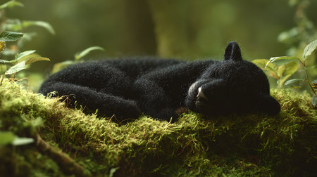 Black bear sleeping on a mossy forest floor in the rainforestの素材