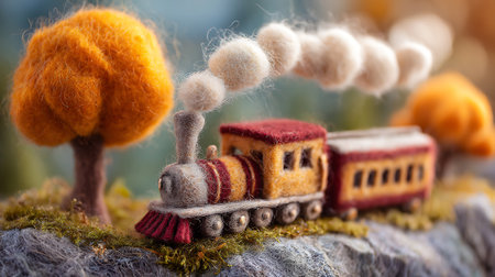 Toy train with cotton wool on the background of the autumn landscape.の素材