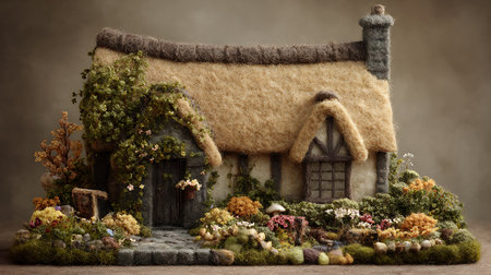 Gingerbread house with flowers in front of a grunge backgroundの素材