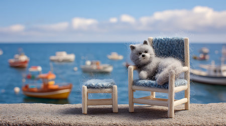 Teddy bear in a chair on the background of the sea and boatsの素材