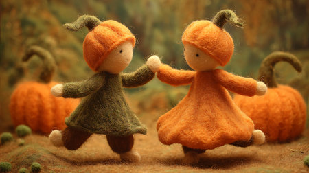 Halloween pumpkin and witch handmade doll. Halloween concept. Selective focus.の素材