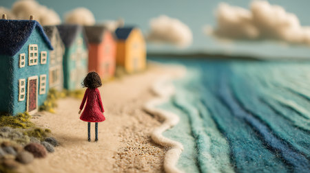 Miniature people: Woman standing on the beach with small houses.の素材