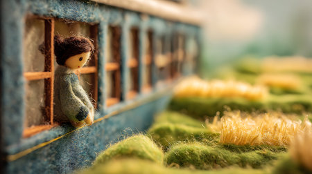 Vintage toy doll sitting on a green grass. Selective focus.の素材